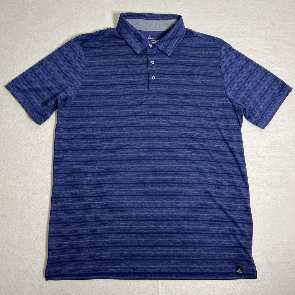 PrAna Polo‎ Shirt Men's Heathered Blue Striped Breathe Size Large